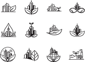 Naklejka premium Green city icon set with eco buildings, urban symbols and editable vector stroke for sustainable design.