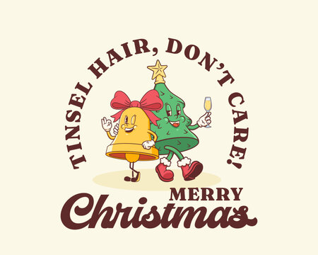 Christmas Groovy Santa Bell and Pine Tree Retro Comic Characters. Cartoon Xmas Personage T-shirt Illustration. Vector Winter Holiday Mascot Template Background. Happy Vintage Cool Drawing Isolated