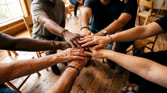 Diverse people stacking their hands together in a circle to show unity and strong support