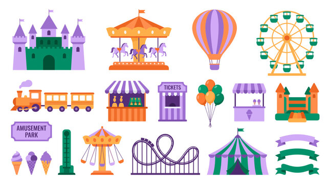 Set of colorful amusement park elements including ferris wheel, roller coaster, carousel and circus tent on white background, symbolizing family entertainment and representing carnival design