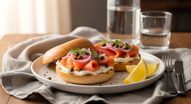 Bagel with smoked salmon. Fresh lox sandwich on plate. Gourmet brunch.