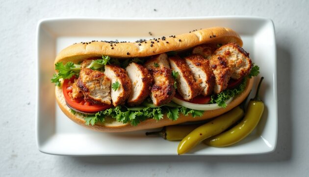 Top view of chicken doner kebab sandwich served on white rectangular plate. Crispy bread roll stuffed with grilled meat slices fresh lettuce red tomato onion rings, spicy green chili peppers. Tasty