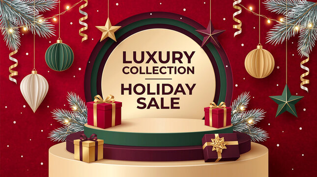 Elegant luxury holiday sale podium display featuring festive ornaments and gift boxes on deep red background
