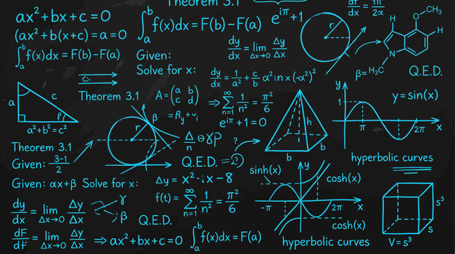 Complex hand drawn mathematical formulas, geometry diagrams and algebraic equations on dark background, symbolizing advanced scientific research, illustrating academic education and logic