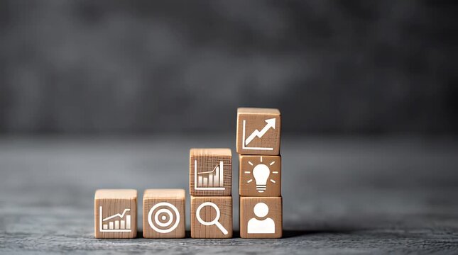 Business growth block stacking on desk in cinematic macro slow motion panning for corporate financial marketing and startup branding