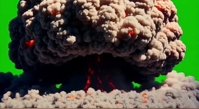 Nuclear explosion mushroom cloud video effect featuring massive fire and smoke plumes isolated against a bright green screen background
