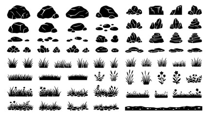 : Rock and Grass Design Element Vector Set with Natural Stone and Wild Grass Silhouettes © Shohel