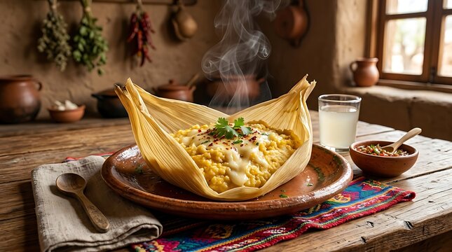 Humita served on ceramic plate. Steaming traditional dish. Latin American cuisine