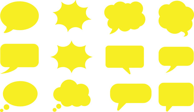 Collection of yellow speech bubbles and thought clouds on white background for communication concepts