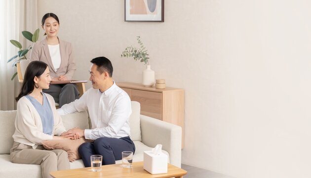 カウンセリングを受ける夫婦とカウンセラー