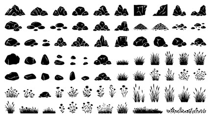 : Rock and Grass Silhouette Vector Pack with Natural Landscape Design Elements © Shohel