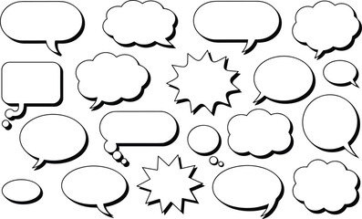 Fototapeta premium Collection of diverse white speech bubbles and thought clouds isolated on a clean background with soft shadows