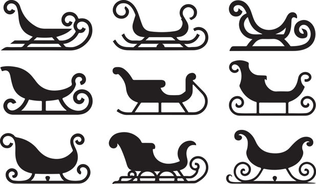 Collection of nine silhouette sleighs on transparent background different christmas santa claus sleds winter transport.