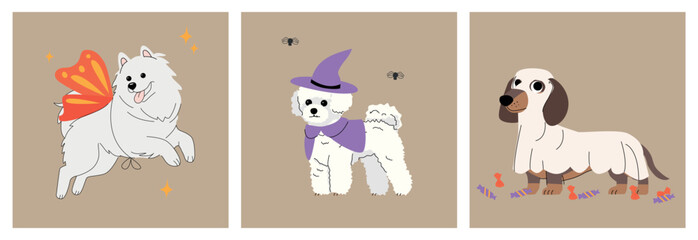 Fototapeta premium Cute Halloween dogs in costumes: fairy Samoyed, witch poodle and ghost dachshund, isolated on beige background. Vector illustration