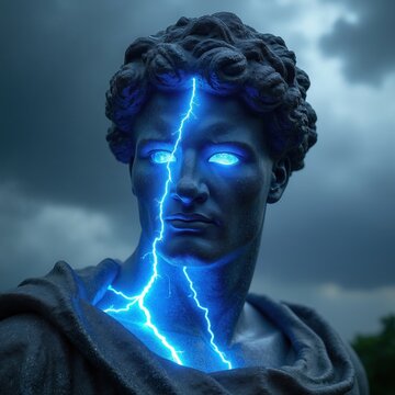 Ancient stone bust of classical male statue with bright blue lightning bolts striking forehead. Glowing electric eyes emit powerful cyan neon energy. Stormy dramatic sky background creates mythic