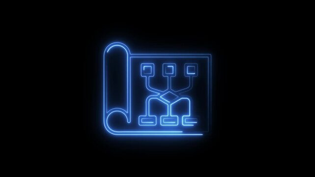 Glowing blue neon flowchart blueprint animation for business strategy and data workflow diagram process