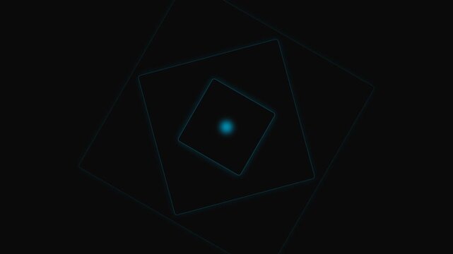 A glowing blue orb centered within a rotating digital square frame geometry