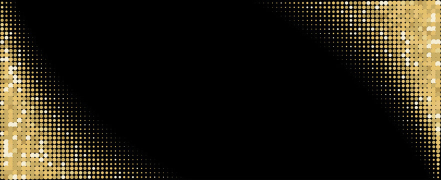 Luxury gold sequin background panel vector illustration. Elegant dark horizontal banner features abstract corner waves of golden glitter shimmer halftone dots on a black backdrop with empty central co