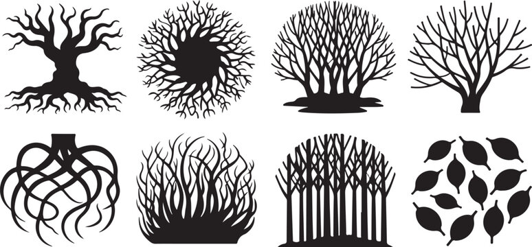 Collection of stylized tree and root silhouettes, leafless branches, and abstract natural forms for organic themes.