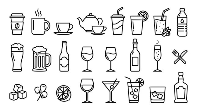 Beverage and bar line icon set vector illustration featuring hot cafe drinks cocktail glasses alcoholic spirits and restaurant refreshments