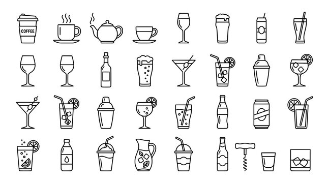 Bar and cafe beverage line icon set vector illustration featuring hot drinks cocktails alcoholic beer glasses and refreshing soda symbols