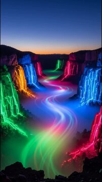 Colorful Waterfall Display at Night Time.