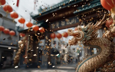 Obraz premium Vibrant 3D Scene of a Giant Golden Dragon for Chinese New Year Celebration