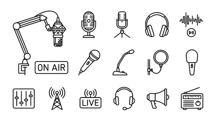 Radio broadcasting and podcast studio line icon set vector illustration featuring boom arm microphones headphones and live streaming equipment symbols © Salma