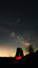 Amateur astronomers observing stars, planets, Moon and other celestial objects with a telescope in nature. © astrosystem