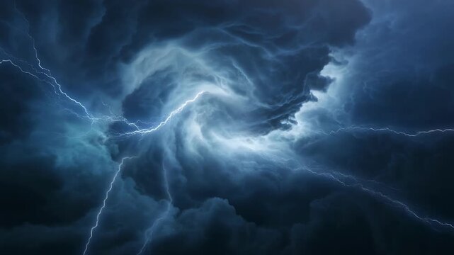 Powerful lightning strike in a dark swirling storm cloud formation during a dramatic natural phenomenon