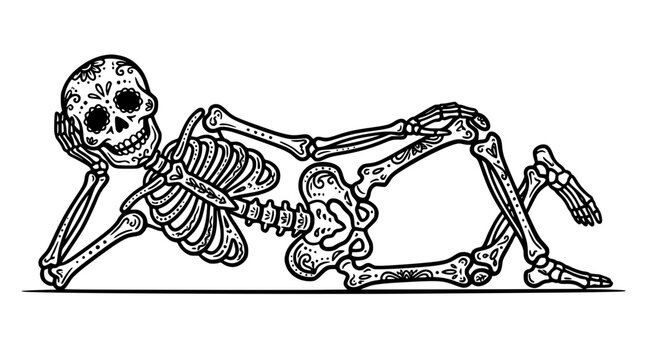 Vintage hand drawn engraving vector illustration of a smiling relaxed skeleton lounging on its side with decorative sugar skull patterns