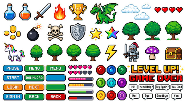Collection of 8-bit pixel art game assets featuring characters, UI buttons, potions and icons on white background, illustrating retro interface design and representing versatile indie development