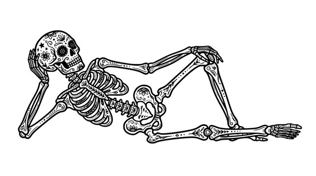 Vintage hand drawn engraving vector illustration of a relaxed skeleton lounging on its side with decorative sugar skull patterns