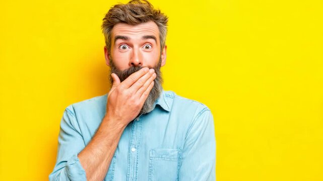 A man surprised, holding his mouth in shock or amazement.