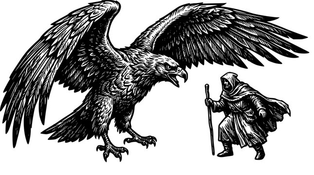 Vintage hand drawn engraving vector illustration of a medieval hooded wizard with staff facing a giant mythological fantasy eagle