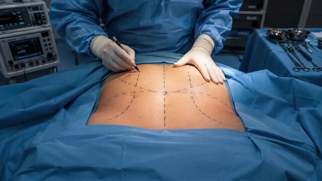 Surgeon marking patient abdomen for bariatric surgery