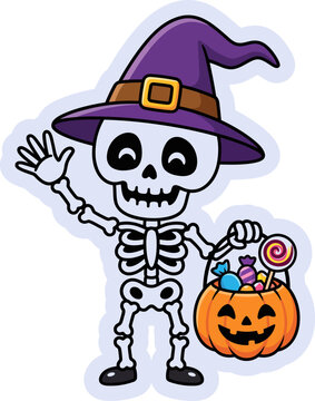 Cartoon skeleton witch with pumpkin candy bucket for halloween celebrations