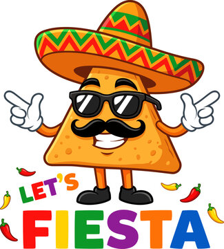 Cartoon tortilla chip mascot with fiesta celebration text and accessories