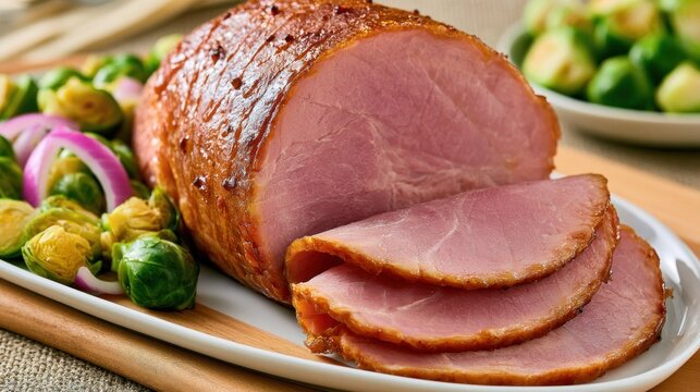 Sliced honey glazed ham platter with roasted brussels sprouts.