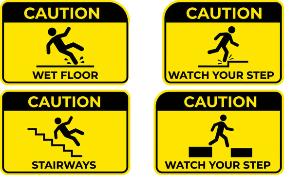 Caution safety warning signs collection with person falling icon set, tripping