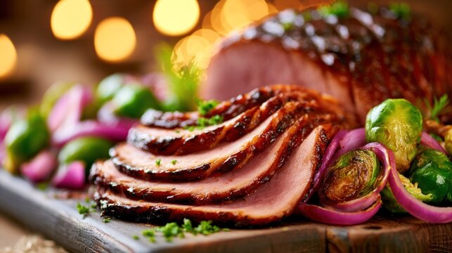 Sliced honey glazed ham with roasted vegetables.