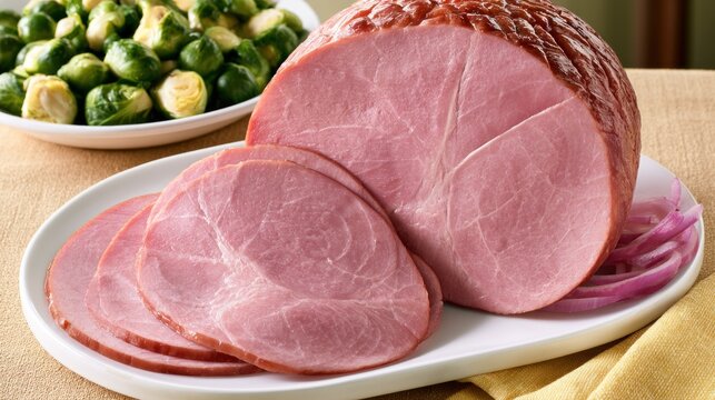 Sliced holiday ham with roasted brussels sprouts and onions.