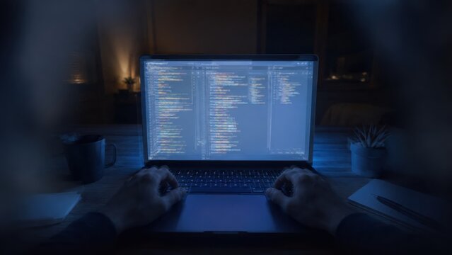 POV of person experiencing eye strain while coding at night