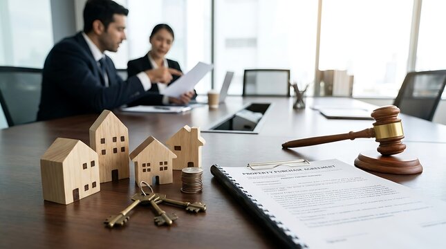 Legal Professionals Discussing Real Estate Property Contracts and Housing Agreements in a Modern Corporate Office Setting