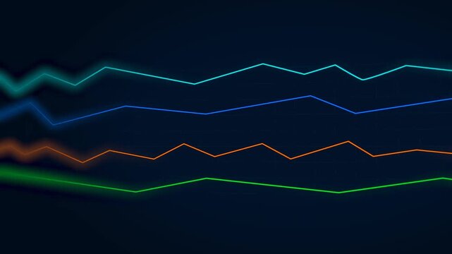  Multiple Line Graphs Animated Horizontally On A Dark Background. Business and Financial Data Visualization,  Stock Market Analysis,