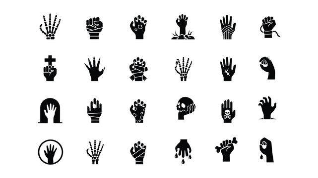 Collection of black hand icons with various injuries and symbols on white background