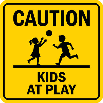 Caution kids at play yellow warning traffic sign illustration with children