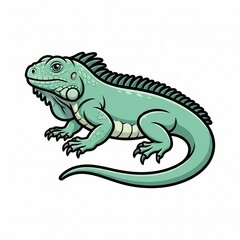 Fototapeta premium Green iguana lizard walking on white background. Detailed reptile illustration for educational and commercial use