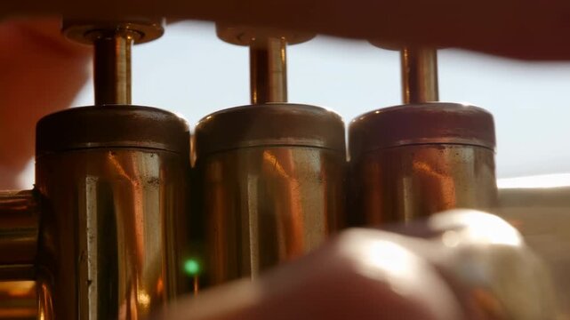 Close view of fingertip pressing center valve cap on brass instrument, warm backlight, shallow depth of field, metallic detail, tactile contact, polished surface, musical craft