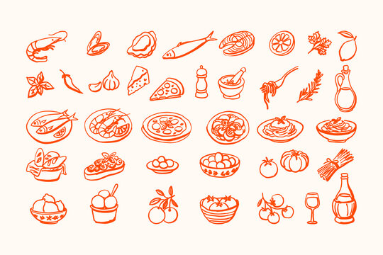 Assortment of Italian cuisine icons including pizza, pasta, seafood, and fresh ingredients